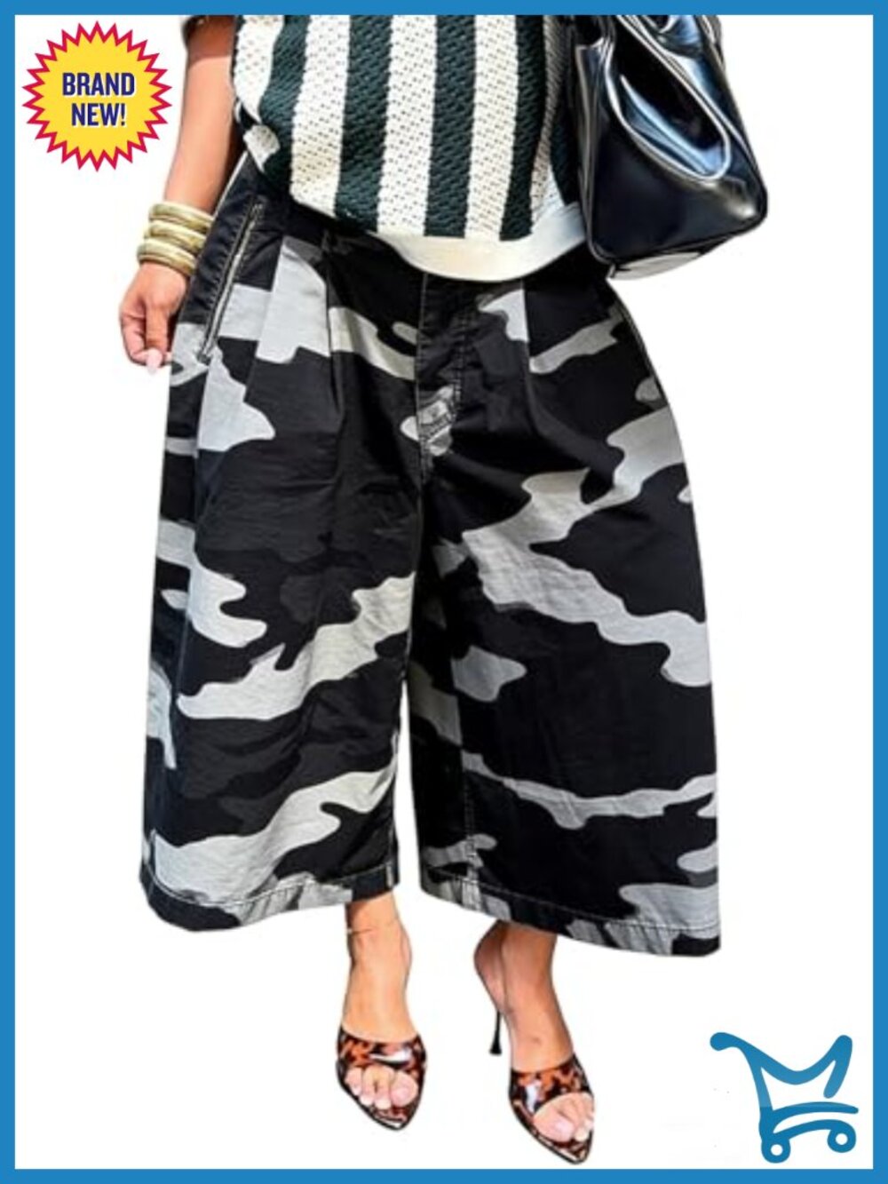 Women's Camo Cargo Pants Baggy Wide Leg High Waist Bermuda Capris Army Fatigue